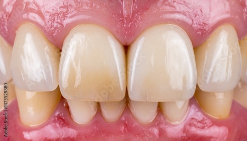 Teeth with varied shades from natural yellowing to brighter caps, set in reddish gums