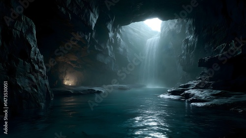 Fototapeta Naklejka Na Ścianę i Meble -  Subterranean waterfall cascades into dark pools within mysterious cave environment, illuminated by soft light