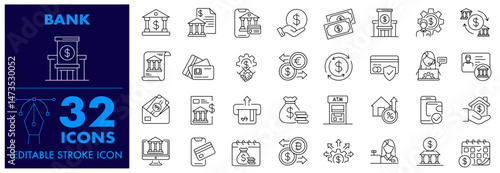 Bank icon set. Finance, Online banking, wallet, savings, loans, ATM, Credit card, mortgage, investment, Manager and more. Editable Stroke icon.