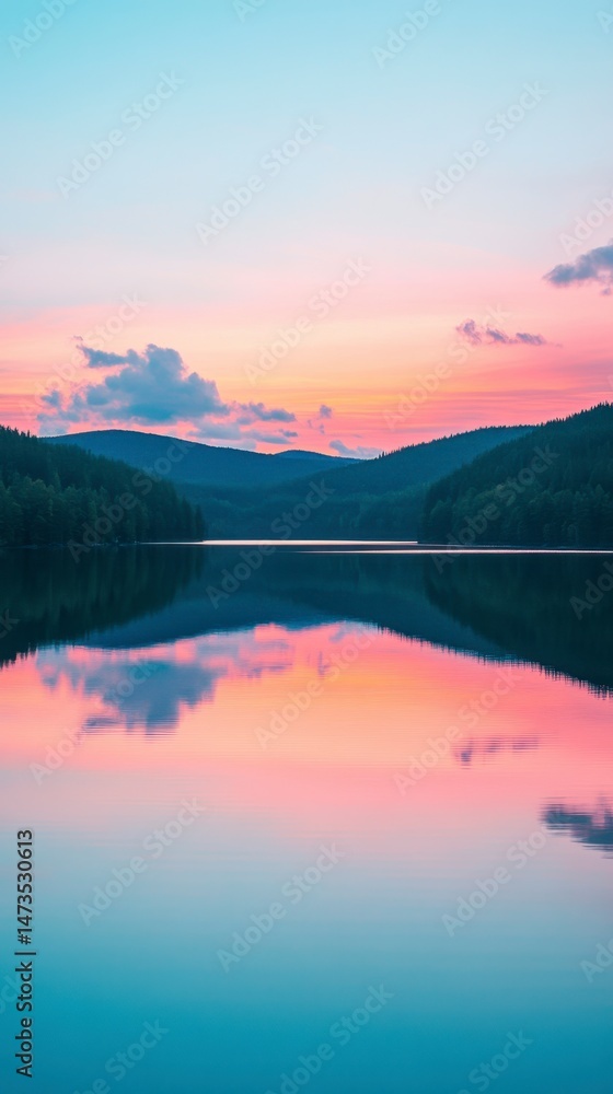 Fototapeta premium Serene Sunset Over Still Lake Reflecting Mountains and Sky