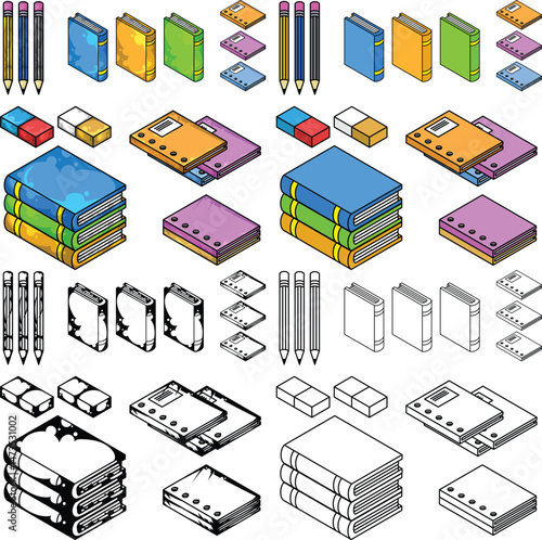 Book, pencil and eraser isometric illustration, school and office supplies design set, vector