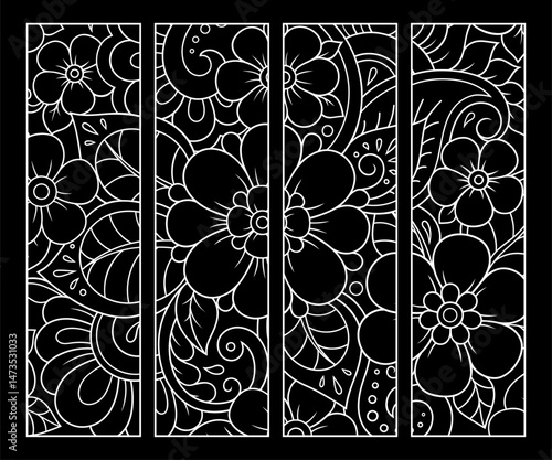 Printable bookmark for book - coloring. Set of black and white labels with flower patterns, hand draw in mehndi style. Sketch of ornaments for creativity of children and adults with colored pencils.