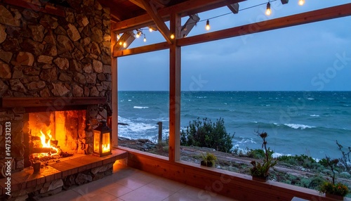 Cozy beach house with stone fireplace and ocean view, soft lights brighten a tranquil scene
