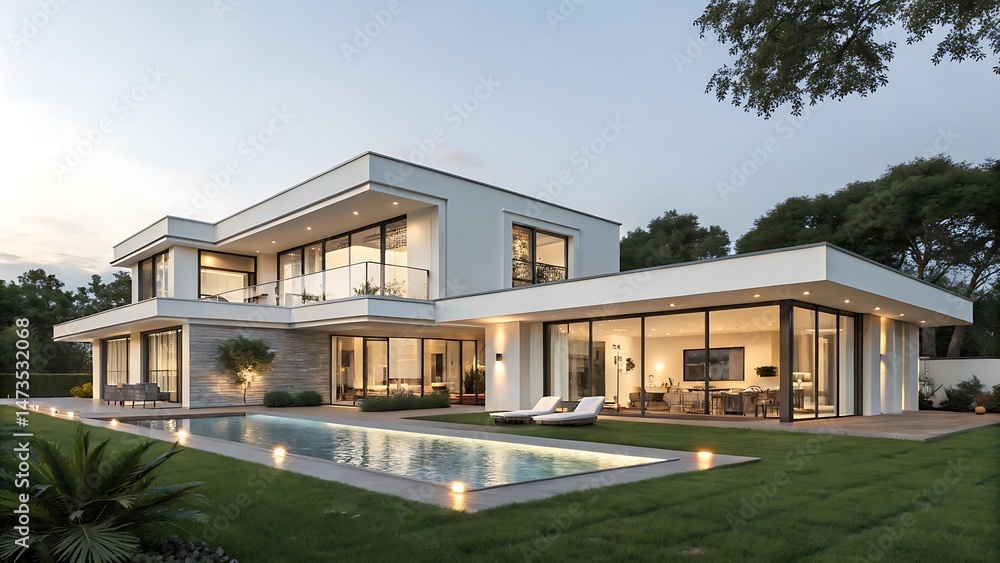 Modern Luxury Villa with Pool Stunning Evening Architecture Design Home Real Estate Modern Luxury Villa with Pool Stunning Evening Architecture Design Home Real Estate