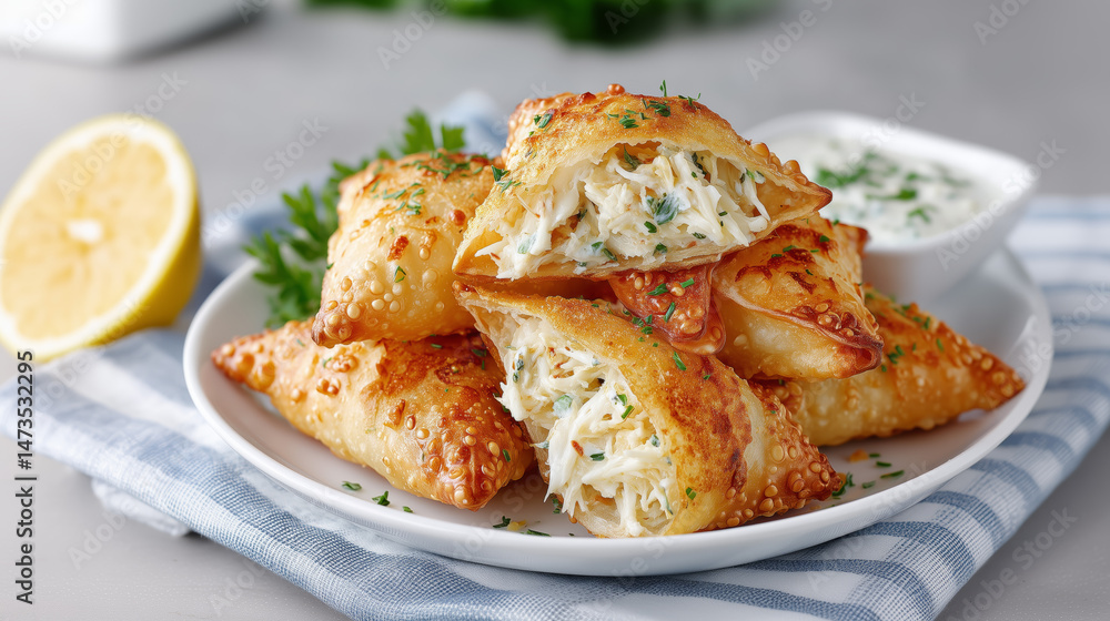 Golden Baked Crab Filled Puff Pastry Triangles with Lemon Parsley and Creamy Sauce on White Plate Golden Baked Crab Filled Puff Pastry Triangles with Lemon Parsley and Creamy Sauce on White Plate