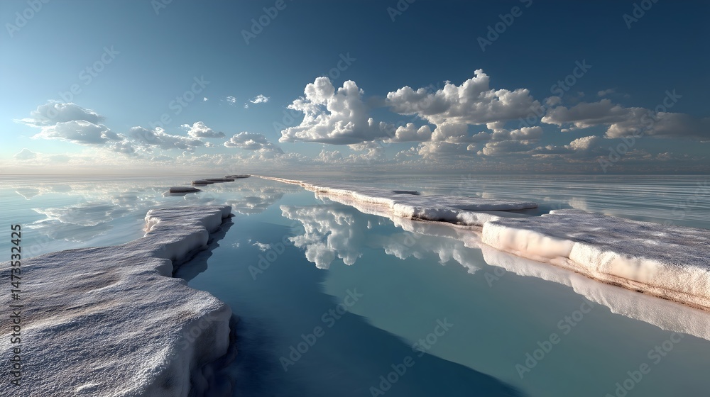 Vast salt desert in Bolivia featuring reflective pools under a clear sky and vivid clouds at sunset Vast salt desert in Bolivia featuring reflective pools under a clear sky and vivid clouds at sunset