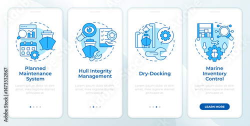 Technical ship management blue onboarding mobile app screen. Logistics. Walkthrough 4 steps editable graphic instructions with linear concepts. UI, UX, GUI. Montserrat SemiBold, Regular fonts used