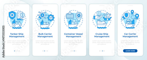 Ship type management solutions blue onboarding mobile app screen. Walkthrough 5 steps editable graphic instructions with linear concepts. UI, UX, GUI. Montserrat SemiBold, Regular fonts used