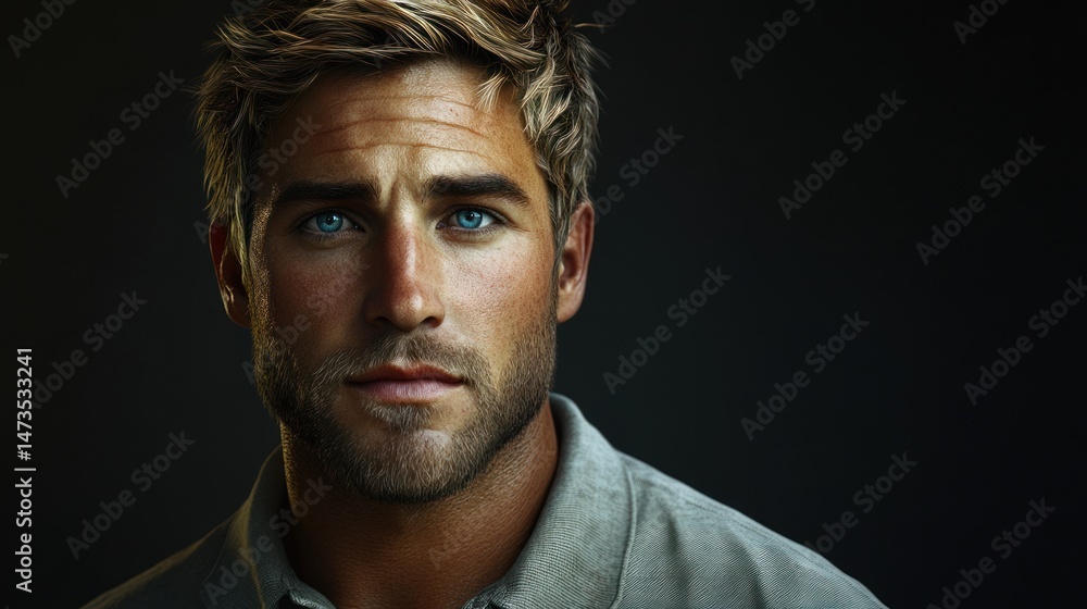 Obraz premium Blonde-haired man with blue eyes, casually dressed in a polo shirt, radiating a friendly and relaxed attitude.