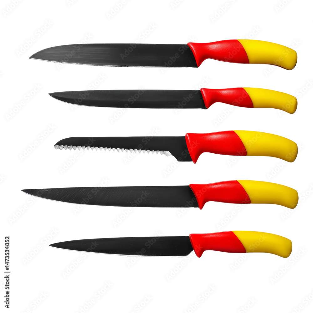 Obraz premium A collection of kitchen knives with black blades and colorful handles. The various blades are neatly arranged, with different styles of knives.