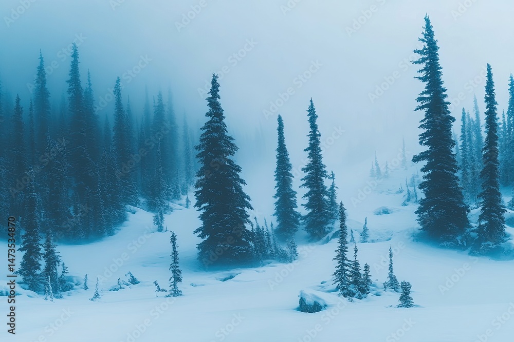 Naklejka premium Misty winter forest scene. Snow-covered trees emerge from a thick, ethereal mist