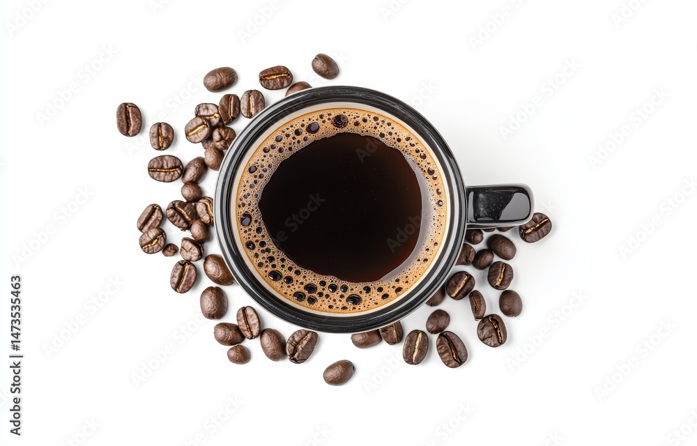 Obraz premium Rich coffee in a mug, surrounded by beans