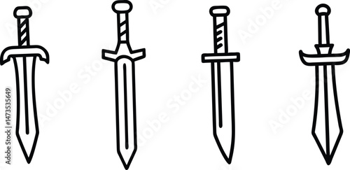 Vector Line Art Swords Icon Set. Hand-Drawn Fantasy Blades