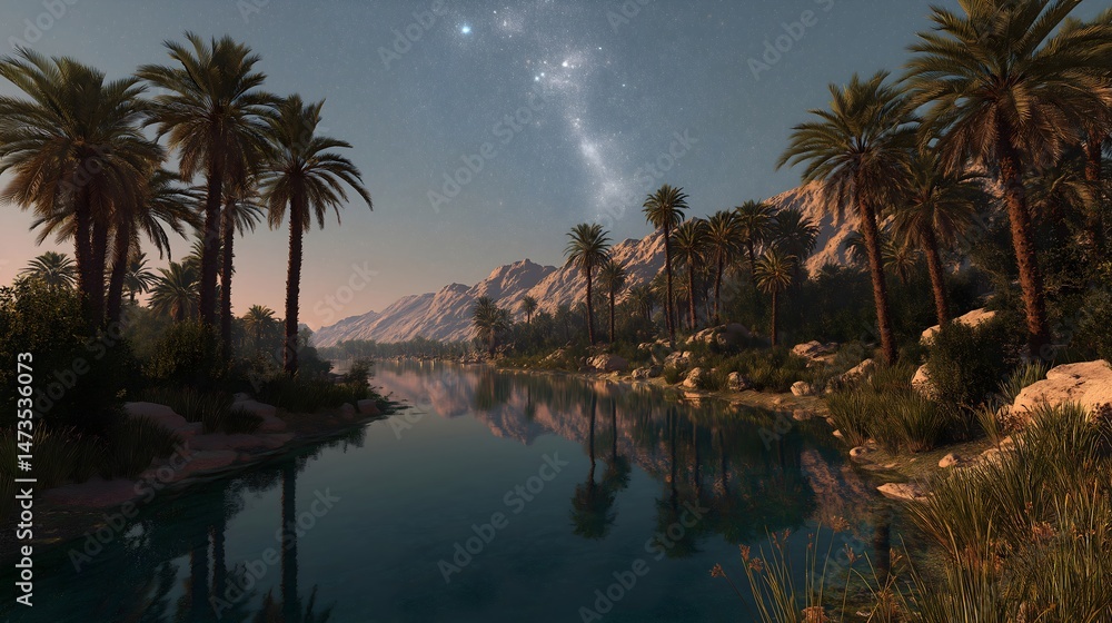 Obraz premium Moonlit desert oasis in Oman featuring palm trees reflecting in calm waters during twilight hours