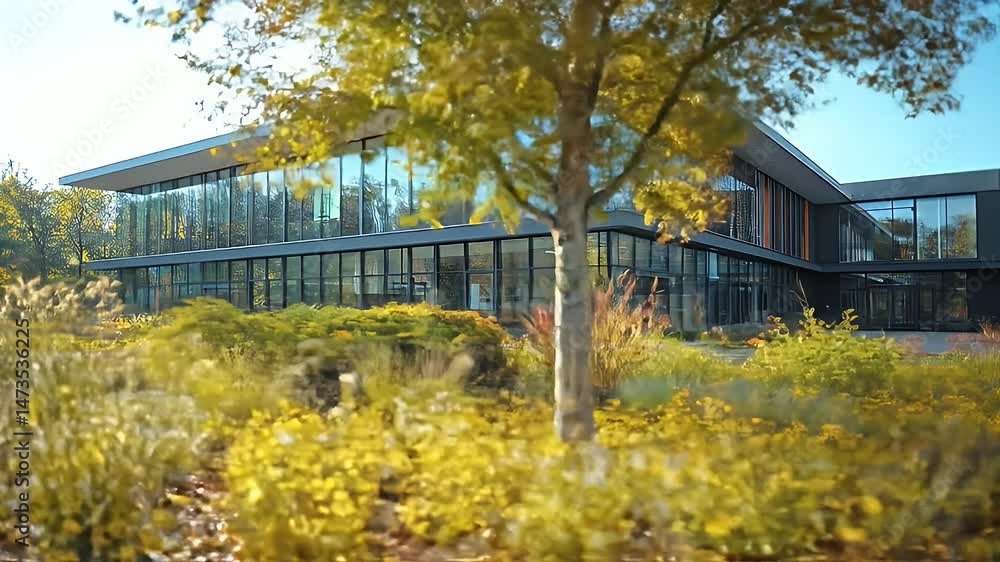 Modern Architecture Featuring Glass Facade in Sunny Day with Autumn Trees and Lush Gardens in a Serene Outdoor Setting Offers a Contemporary Minimalist Aesthetic Modern Architecture Featuring Glass Facade in Sunny Day with Autumn Trees and Lush Gardens in a Serene Outdoor Setting Offers a Contemporary Minimalist Aesthetic