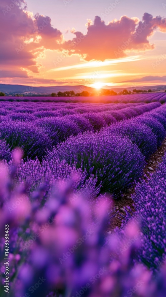 Fototapeta premium Serene Lavender Field at Sunset with Vibrant Purple Blooms