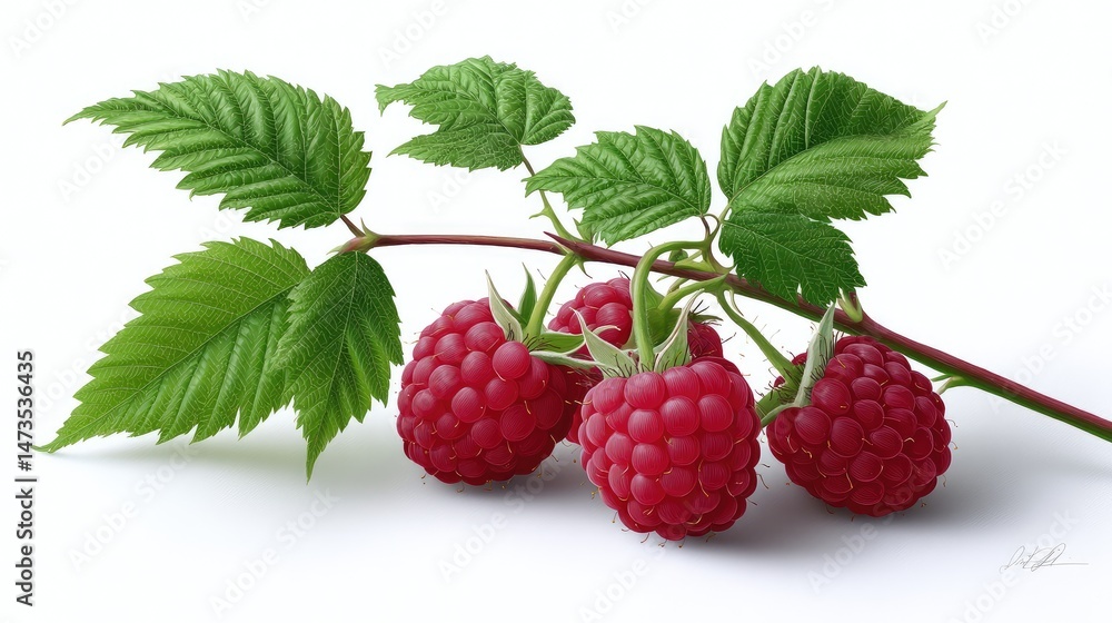 Realistic Raspberries on Plan white Background Realistic Raspberries on Plan white Background