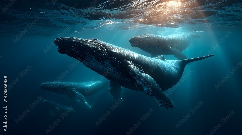 Fototapeta premium Humpback whales gracefully swimming in formation beneath the surface of the ocean in serene blue waters
