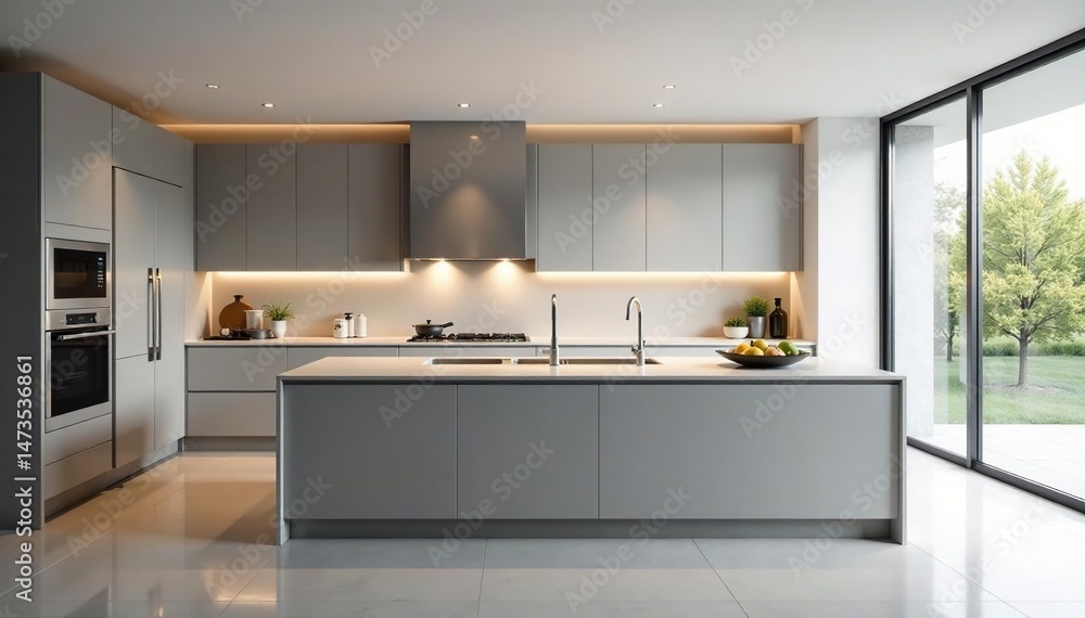 Fototapeta premium Sleek modern kitchen with stainless steel appliances and minimalist design Island, countertops, cabinets , chrome, cabinets, microwave