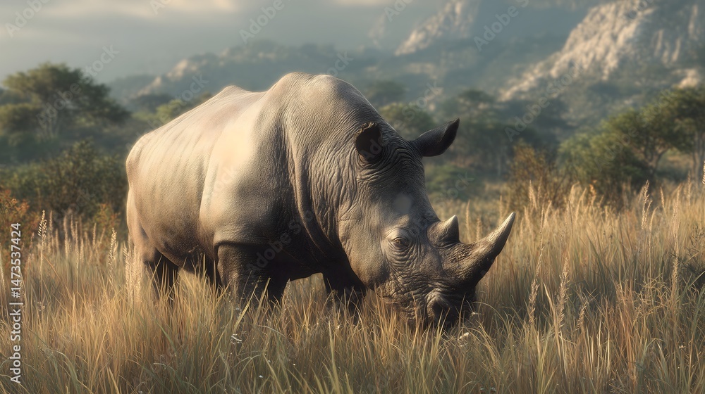 Obraz premium Rare white rhinoceros grazes peacefully in the African savannah surrounded by tall grass and distant hills during golden hour