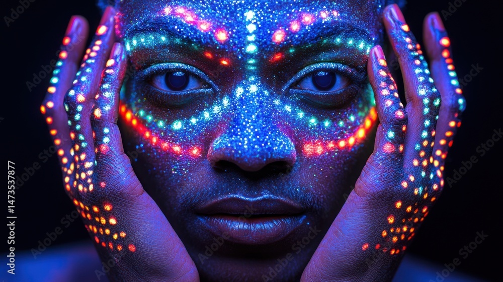 African woman's face is adorned with light patterns that resemble digital circuitry, her eyes wide open against the black background. African woman's face is adorned with light patterns that resemble digital circuitry, her eyes wide open against the black background.