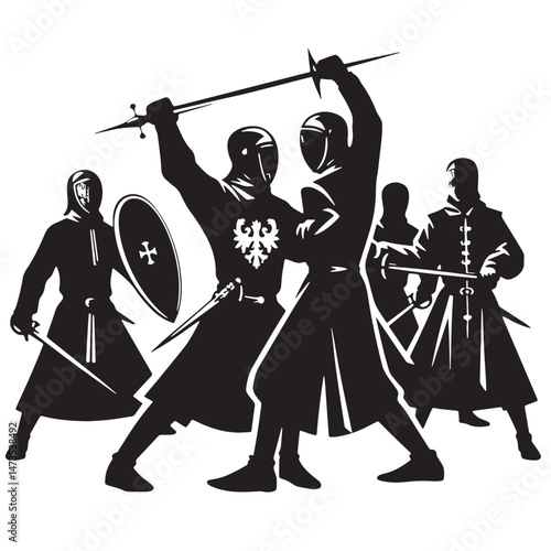 Historical European Martial Arts (HEMA) (Europe - medieval and renaissance fighting) Silhouette line art vector illustration on white background