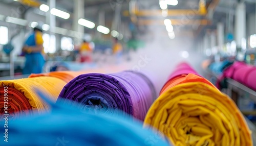 Brightly colored textiles rolled together inside of a factory setting with workers in the background
