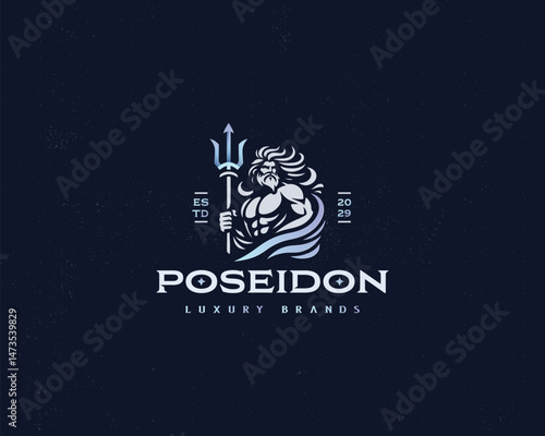 Poseidon or Neptune wielding a trident with waves logo template for corporate