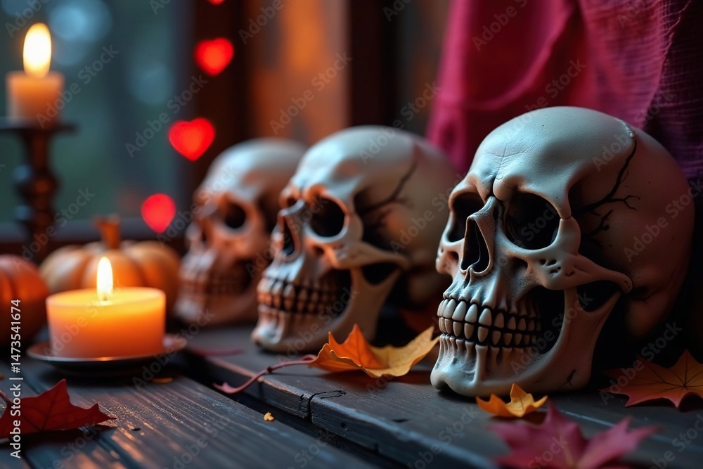 Fototapeta premium Spooky skull decorations at a Halloween party Ghoulish atmosphere, festive, autumn , halloween supplies, spooky