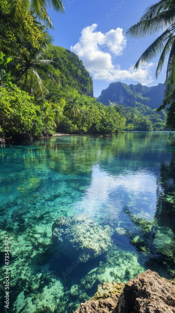 Fototapeta premium Serene Tropical Lagoon Surrounded by Lush Green Mountains and Sky