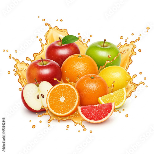 Isometric 3D illustration featuring apples and citrus fruits with dynamic juice splashes, isolated on a clean white background. Ideal for use in food, health, packaging, and fresh product-themed comme