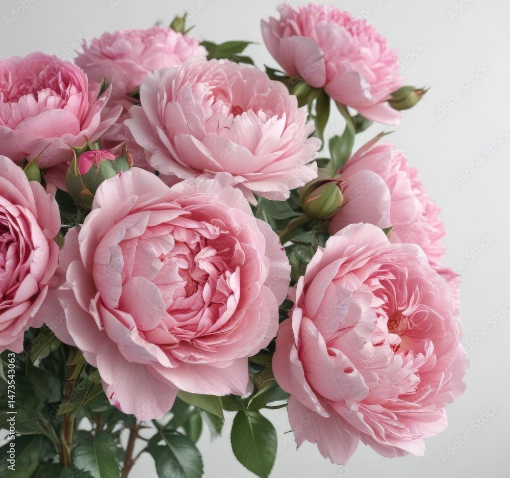 Obraz premium Fresh pink rose and peony bunch, elegant floral arrangement, white backdrop , wedding, flowers