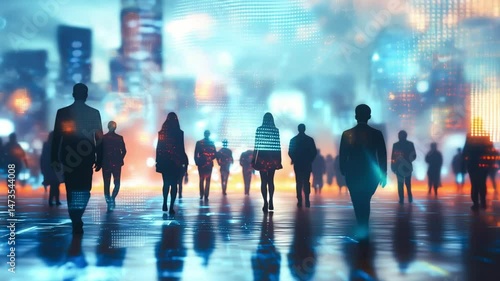 Rear view silhouette of group businesspeople walking on future network city background and futuristic interface graphic, glowing big data on blurry city background	