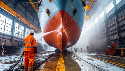 Ship hull is cleaned in a dry dock by a worker wearing protective gear