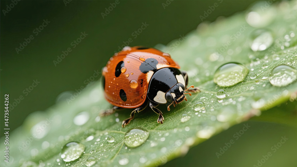 Fototapeta premium Morning Dew and a Ladybug: Nature s Gentle Moment
