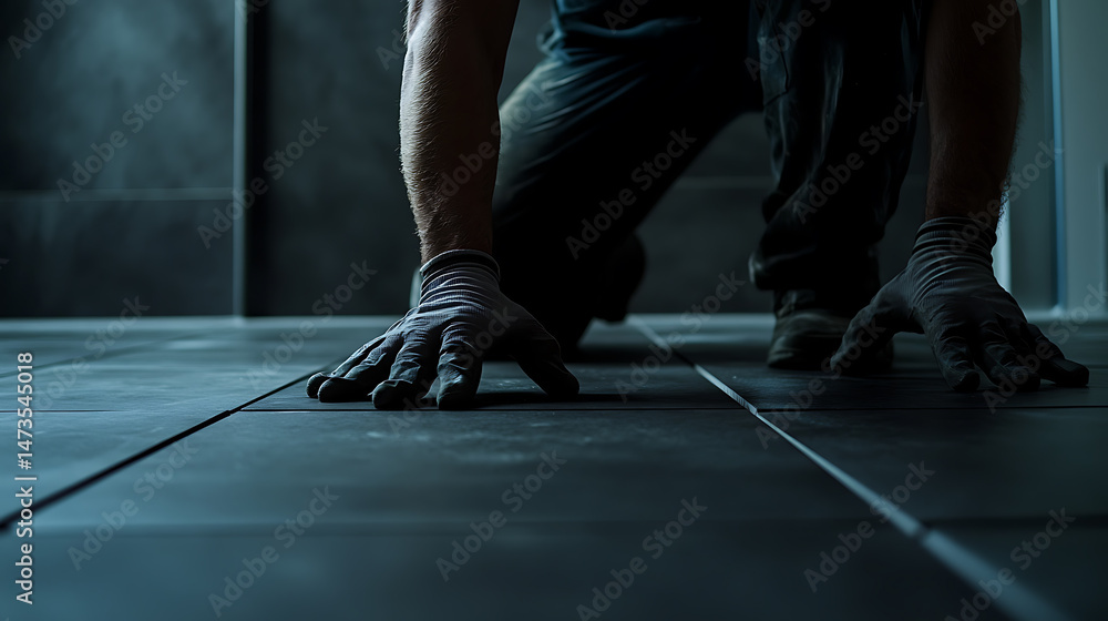 Fototapeta premium Person Installing or Cleaning Tile Floor
