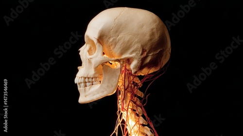 Side profile of a human skull with an illuminated brain and spinal cord, showcasing vascular and neural pathways in a dark clinical environment