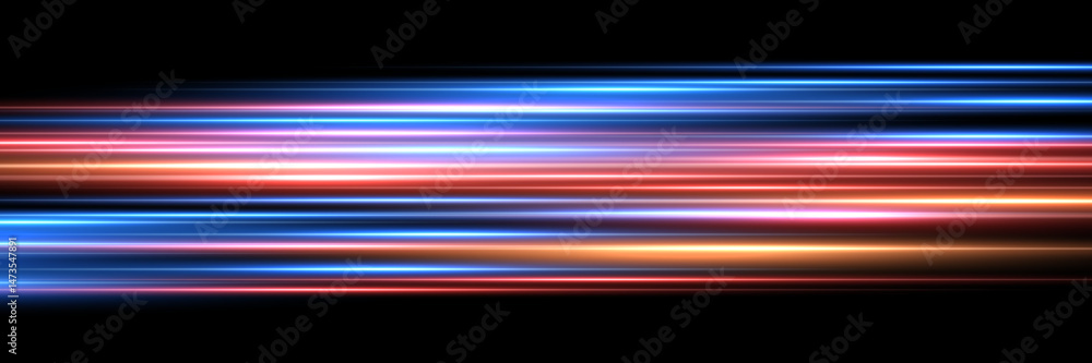 Speed light background. Color neon spark rays on black. Futuristic shiny pattern with bright red and blue flares on dark. Modern technology vector illustration.