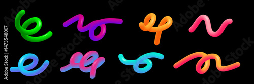 Color gradient lines set. Colorful graphic wavy shapes. Vibrant curved paint lines with smooth transitions. Modern artistic design elements isolated on black. Abstract 3D vector illustration.
