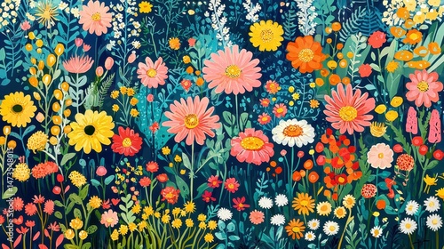 Vibrant floral illustration featuring diverse flowers in bold colors.