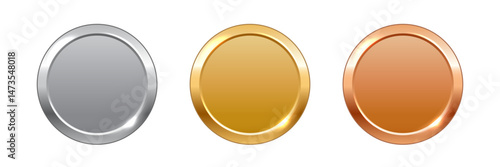 Gold, silver, bronze circle medals. Metal coins. First, second, third place award frames isolated on white background. Winners trophy. Blank shiny badge, label. Realistic vector illustration.