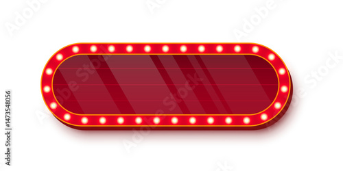Retro casino light sign with red glass surface and golden bulbs around edges on white background. Circus, cinema, theater banner with place for text. UI interface element. Vector illustration.