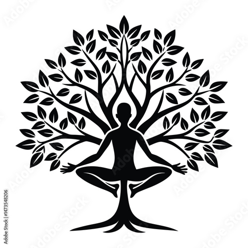 Yogi in a tree pose silhouette, balanced vector logo