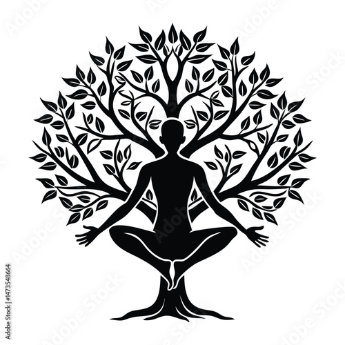Yogi in a tree pose silhouette, balanced vector logo