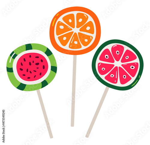 Colorful fruit-shaped lollipops on sticks in flat cartoon style. 90s nostalgic sweets: watermelon, orange, and citrus candy illustration.