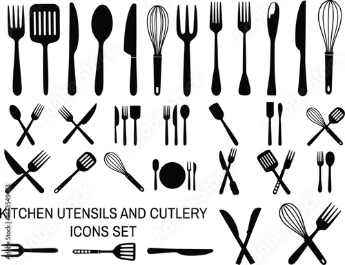 Kitchen utensils and cutlery icons set. Kitchen Utensils silverware forks knifes and spoons vector icon set.