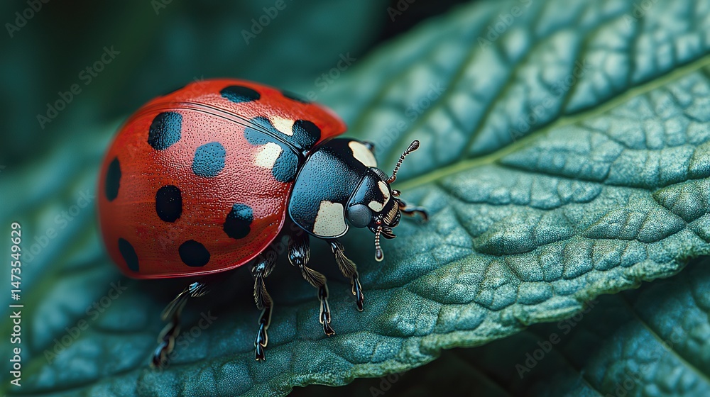 Naklejka premium A detailed close-up of a bright red ladybug with black spots crawling on a vibrant green leaf, showcasing the beauty of small creatures