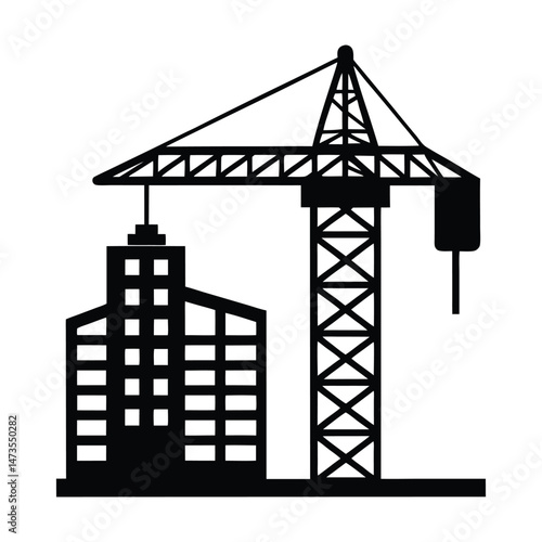 Tower crane and building frame combo on white background