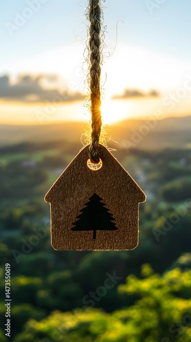 Sustainable Hemp Shirt Tag with Tree Symbol at Sunset photo