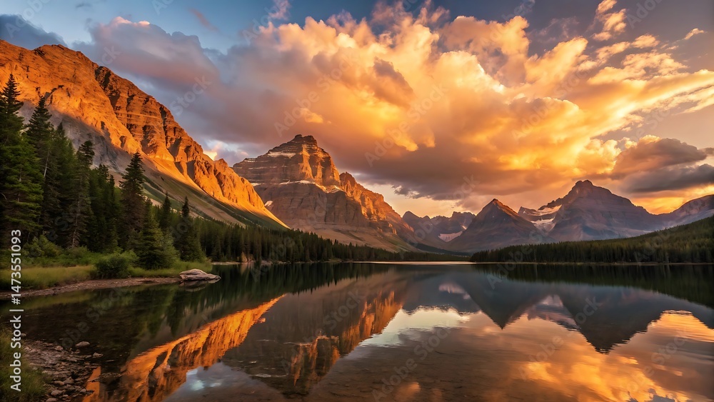 Naklejka premium Majestic Sunset over Mountain Lake Reflecting Golden Clouds and Peaks